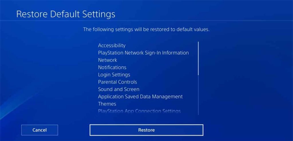 PS4 restore default settings