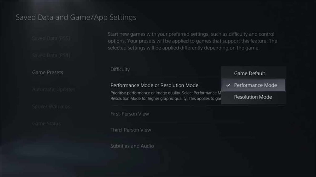 PS5 Enable Performance mode or resolution mode