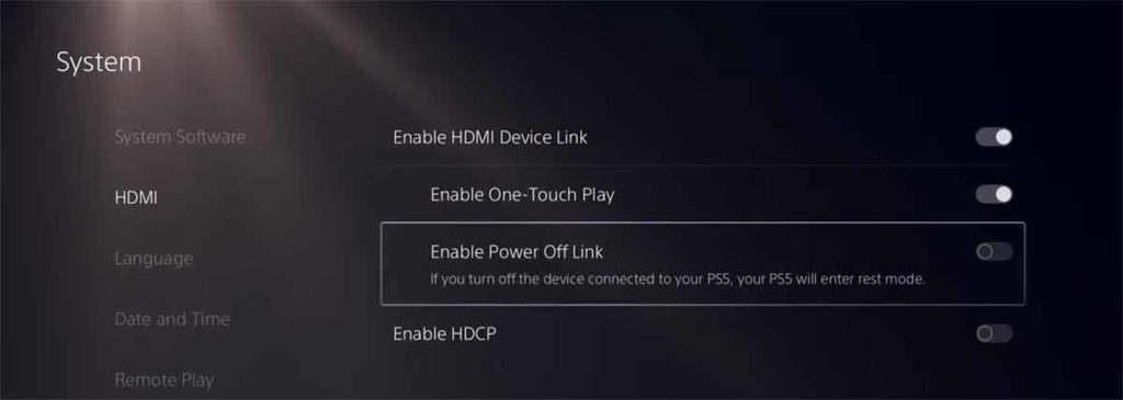 PS5 Enable Power Off link