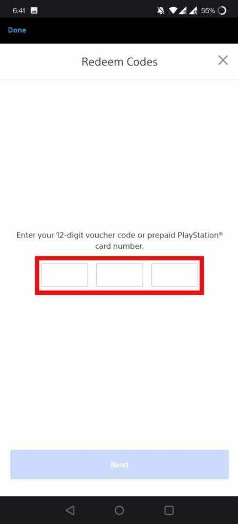 Enter your 12-digit code on PS app