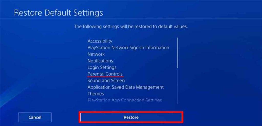 Restore default settings including parental controls
