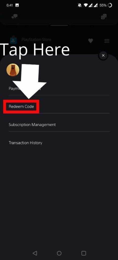 tap on Redeem Code in PS app
