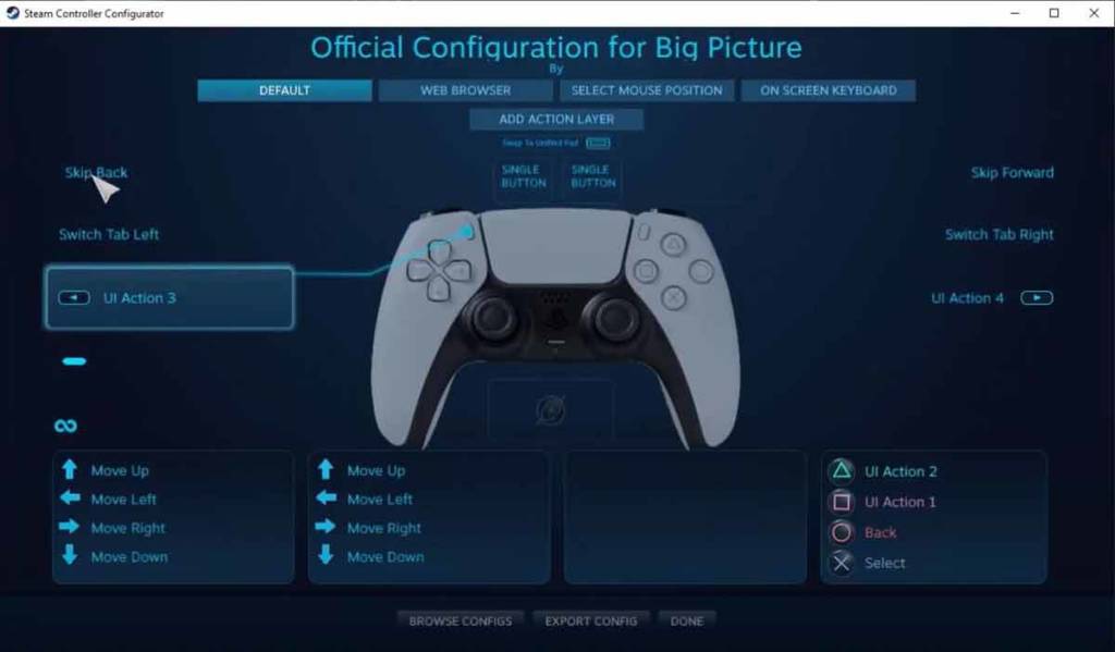 Dualsense official configuration for big picture on Steam