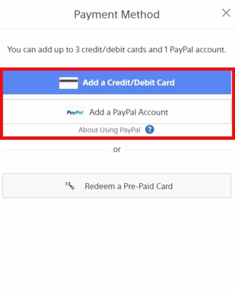 Add a Credit Debit Card or Add a Paypal Account option using web browser
