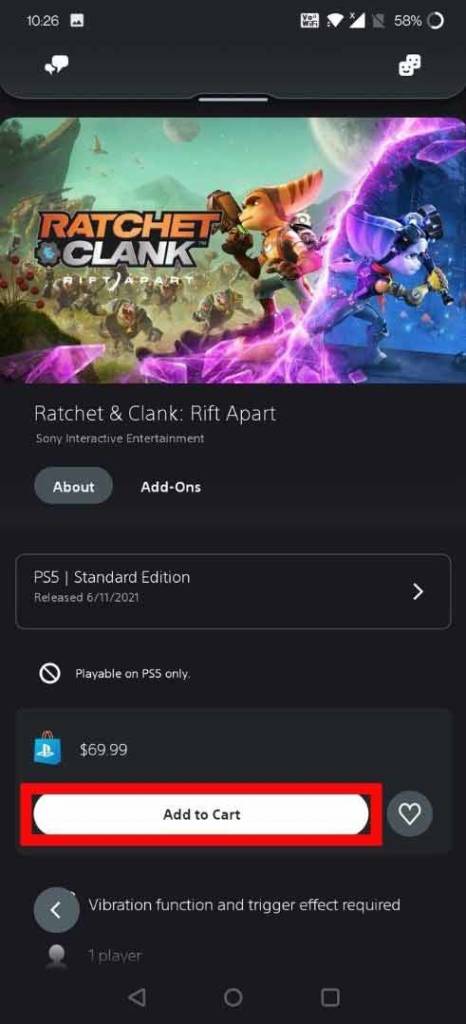 Add to cart button on ps store using playstation app