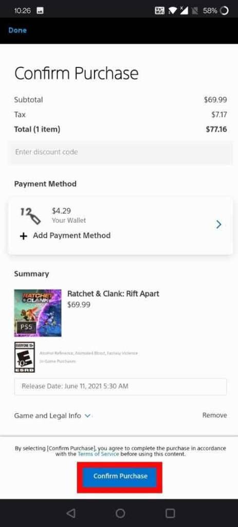 Confirm purchase button using playstation app