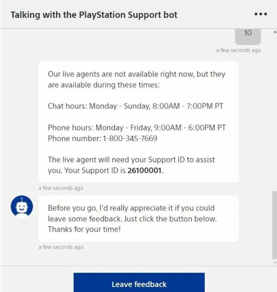 PlayStation Bot generates a support ID