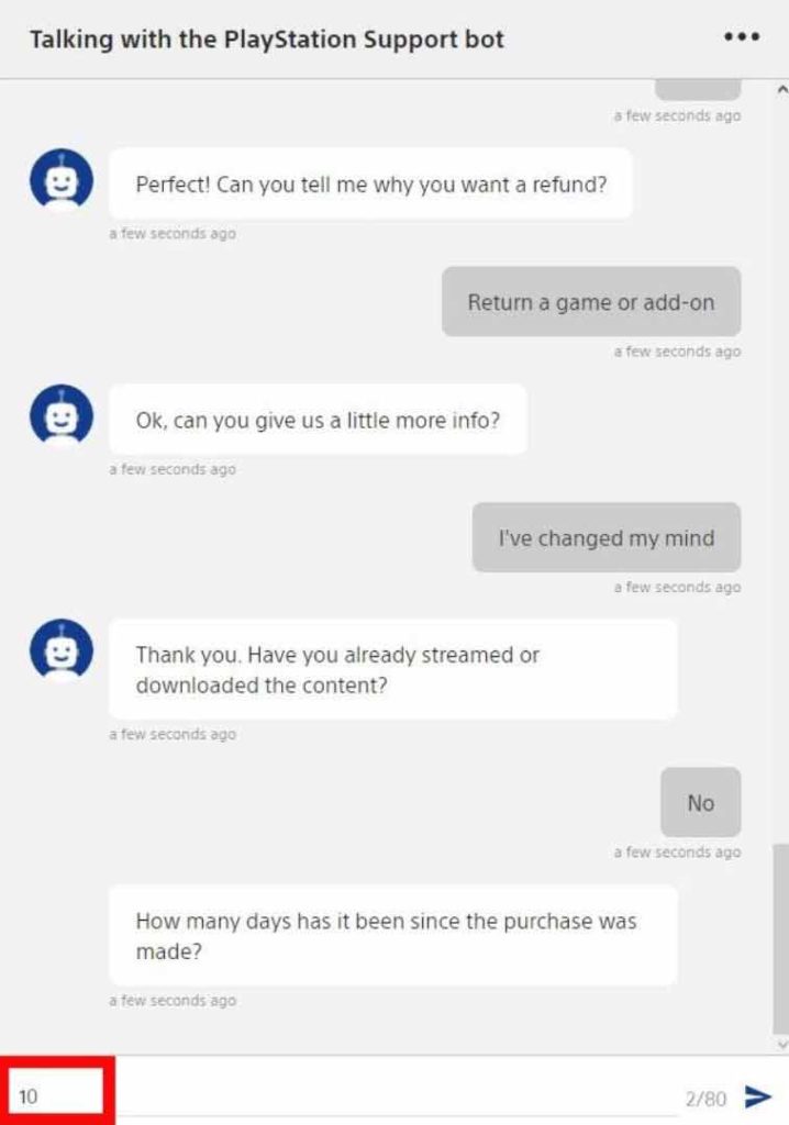 PlayStation bot asks How many days has it been since the purchase was made
