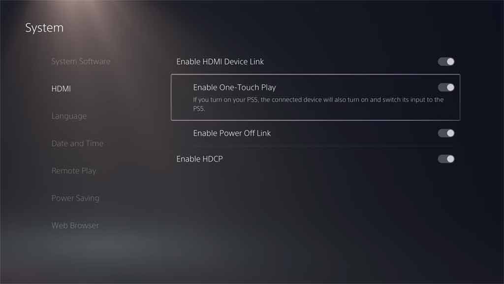 Enable the HDMI Device Link, One touch play and power off link
