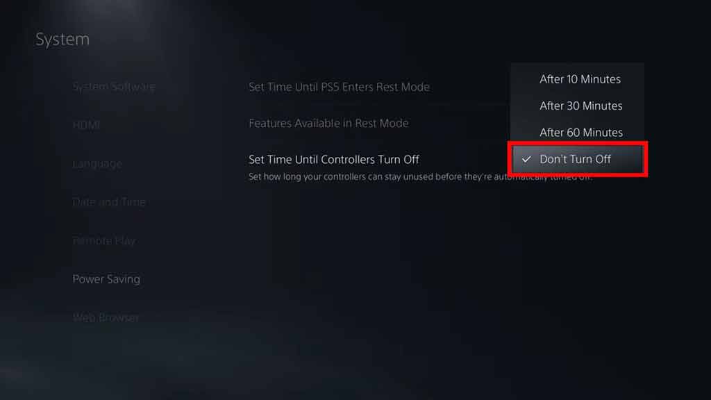 Set PS5 controller to not turn off automatically