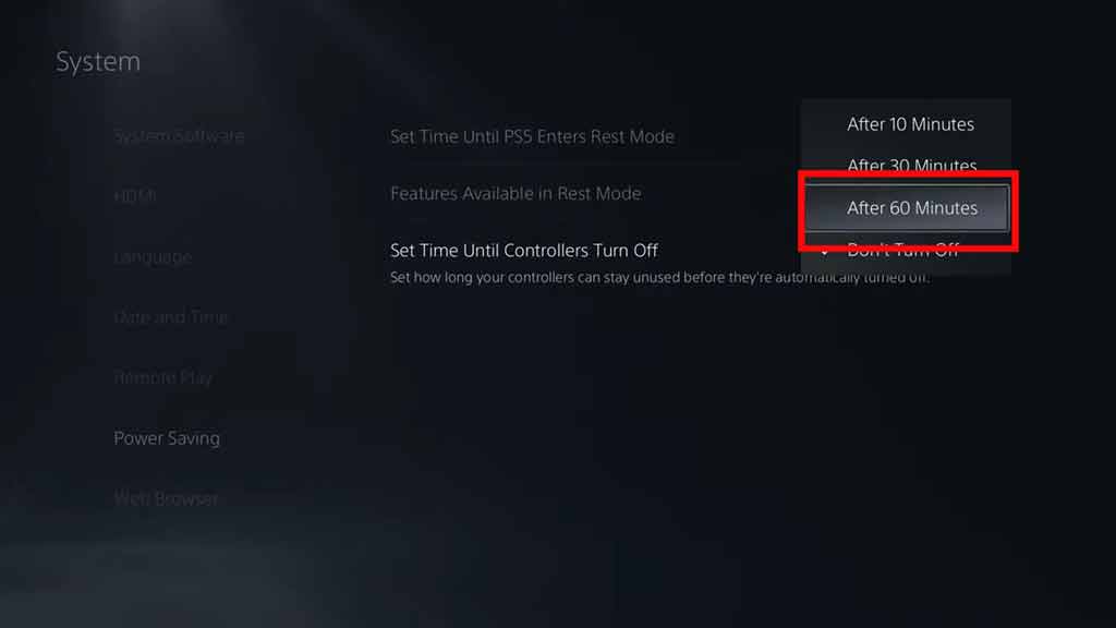 Set PS5 controller to turn off after 60 minutes of inactivity