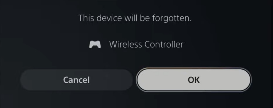Confirmation prompt to delete PS5 controller from registered devices