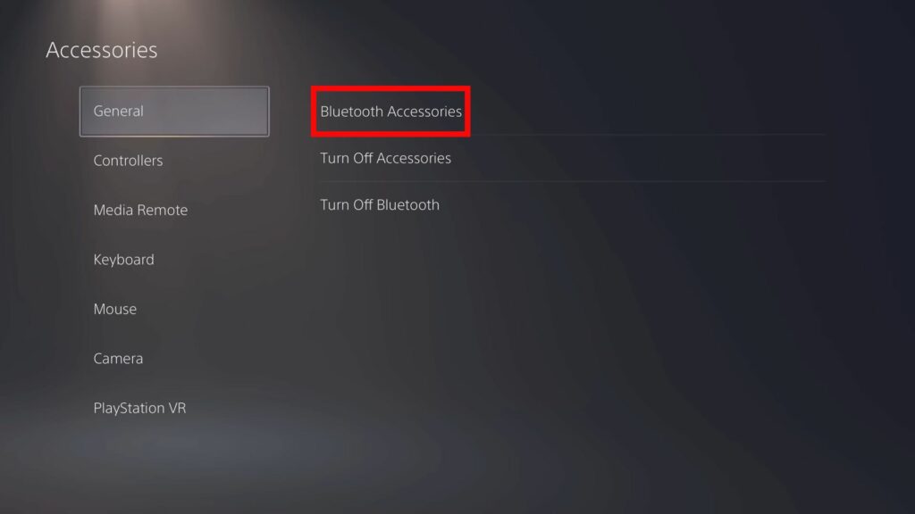 PS5 Accessories General settings, select bluetooth accessories
