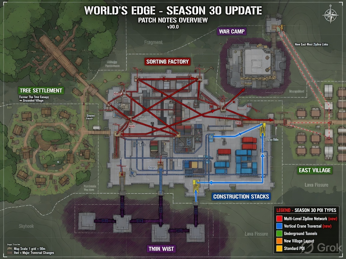 World's Edge Season 30 map changes tactical overview: Sorting Factory, Construction Stacks, Tree Settlement, War Camp