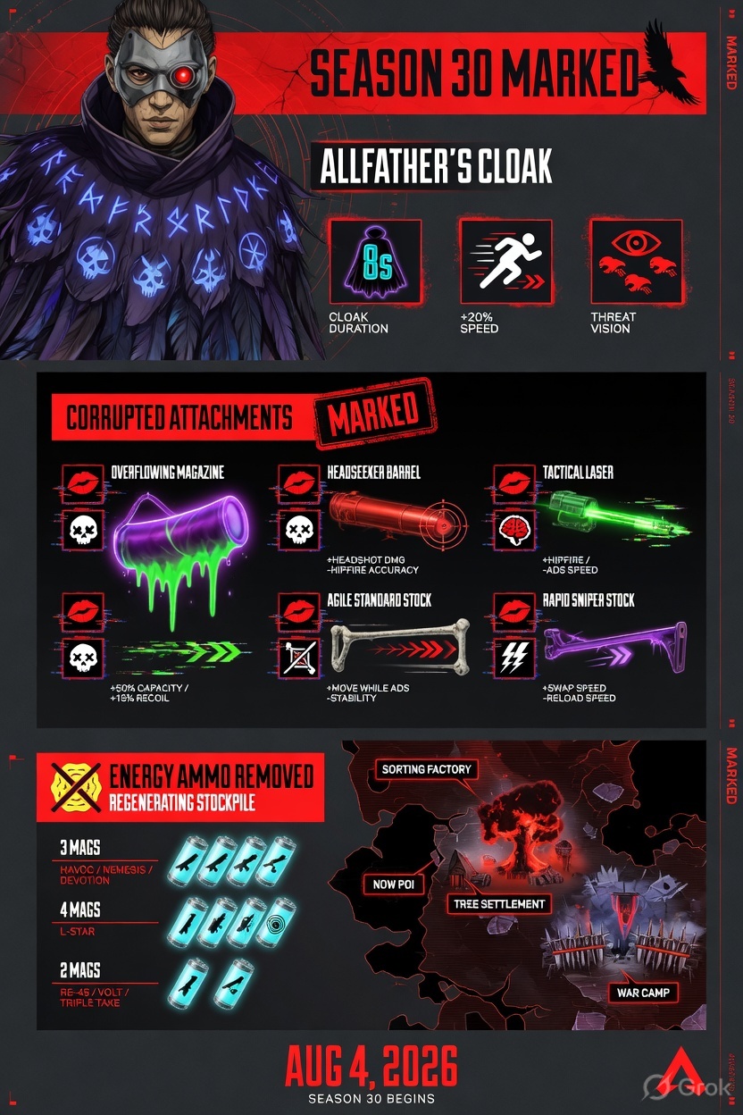 Apex Legends Season 30 Marked infographic: Bloodhound rework, Corrupted Attachments, energy ammo stockpiles, World's Edge map changes