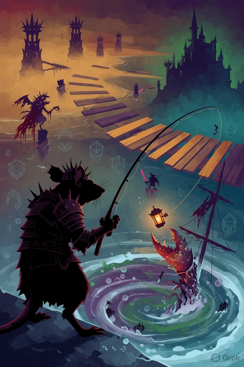 Rat warrior fishing in corrupted brine waters — Tails of Iron 2 Blood & Brine visual summary