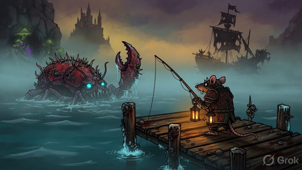 Hardshell Brook coastal pier with rat warrior — Tails of Iron 2 Blood & Brine expansion theme