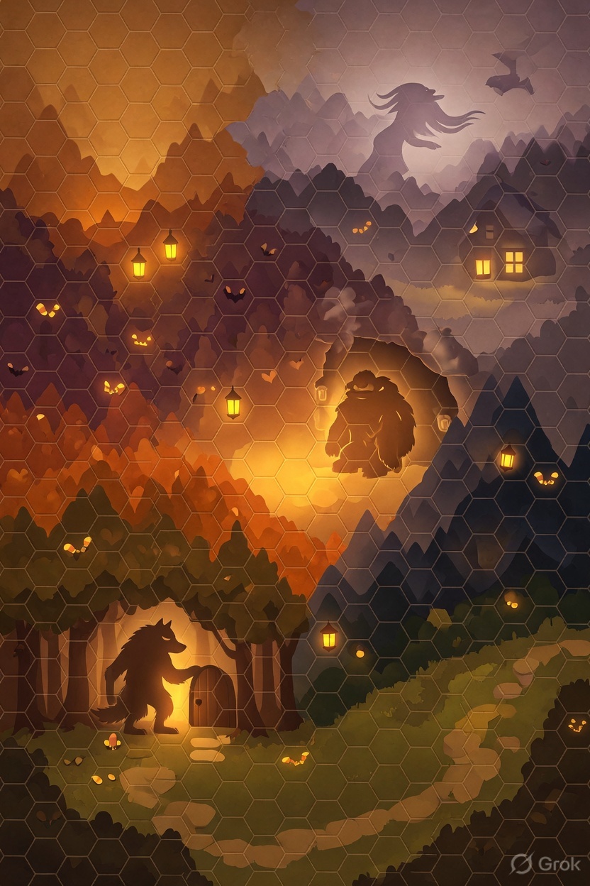Peaceful monster kingdom at dusk — cozy Halloween puzzle vibes