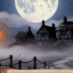Hunter's Moon key art: pale moon over misty 17th-century village with torch-bearing silhouette on wooden bridge, woodcut art style