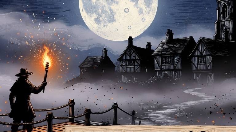 Hunter's Moon key art: pale moon over misty 17th-century village with torch-bearing silhouette on wooden bridge, woodcut art style