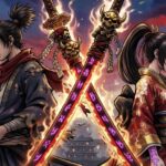 Wide cinematic 16:9 shot: Muramasa: Revenant Blades key art featuring Kisuke and Momohime back-to-back, cursed blades Muramasa gleaming at center, Genroku-era Japan backdrop with cherry blossoms and yokai silhouettes