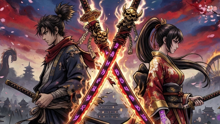 Wide cinematic 16:9 shot: Muramasa: Revenant Blades key art featuring Kisuke and Momohime back-to-back, cursed blades Muramasa gleaming at center, Genroku-era Japan backdrop with cherry blossoms and yokai silhouettes