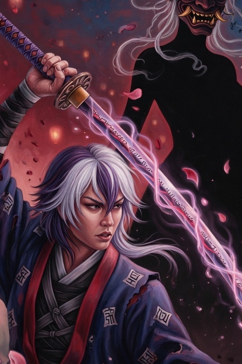 Vertical 2:3 portrait: Kisuke in foreground, cursed blade Muramasa raised, cherry blossom petals swirling around him