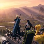 Final Fantasy VII Revelation hero image: Cloud and party on Highwind airship overlooking open world of Gaia