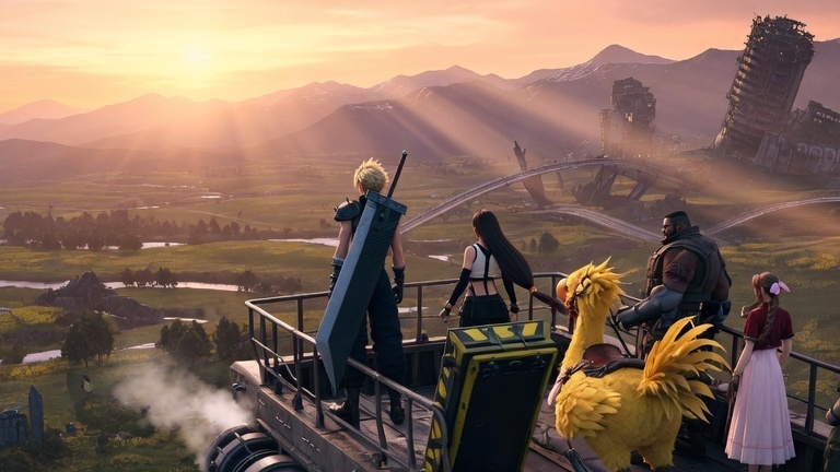 Final Fantasy VII Revelation hero image: Cloud and party on Highwind airship overlooking open world of Gaia