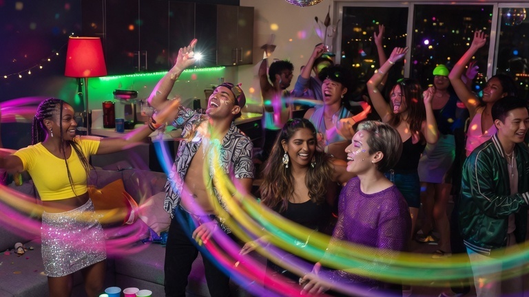 A vibrant, energetic party scene in a modern living room with diverse friends dancing together, colorful motion trails capturing movement, dynamic lighting reflecting off silhouettes, celebratory atmosphere, 16:9 wide cinematic shot, no text, no logos, no UI, no watermarks, safe margins 20%