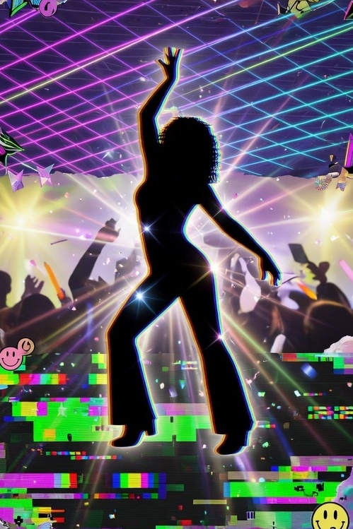 Vertical collage of iconic music era aesthetics blending together: 1970s disco ball reflections, 1980s neon synth grids, 1990s pop concert energy, 2000s digital glitch art, 2010s EDM festival vibes, 2020s social media dance trends, unified by a joyful dancer silhouette at center connecting all eras, 2:3 vertical format, evocative mood, no charts, no graphs, no lists, no infographic text, no logos, no watermarks, safe margins 20%